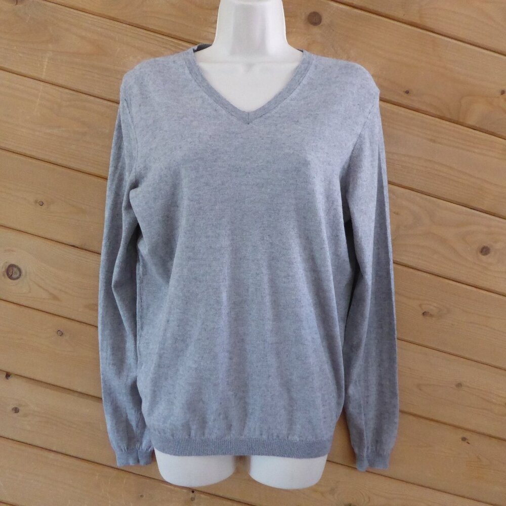 SuitSupply Gray V-neck Cotton Cashmere Long Sleeve Lightweight Sweater Top M